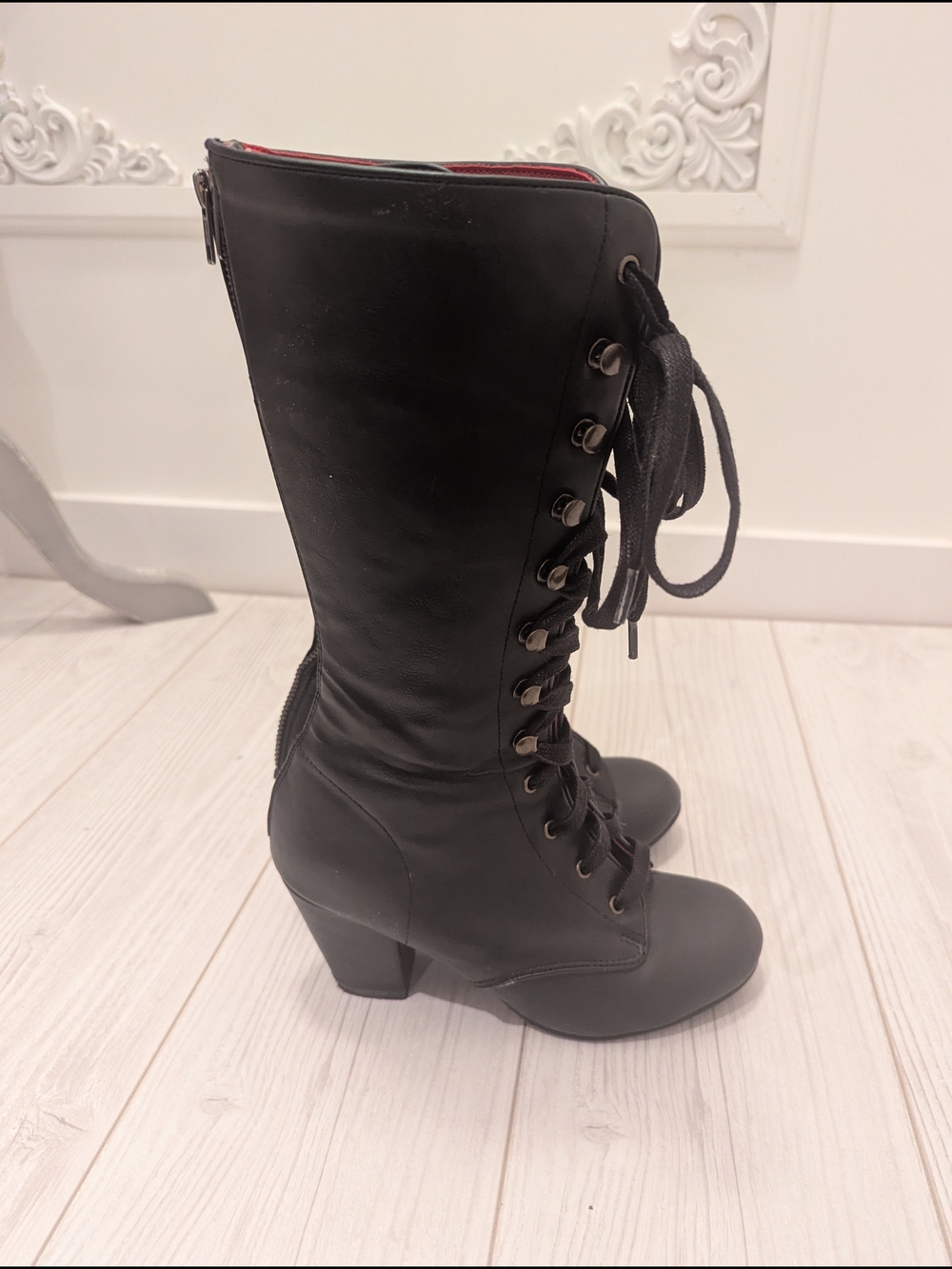 Demonia Vivika-205 Black Lace-Up Mid-Calf Heeled Boots - Picture 3 of 8